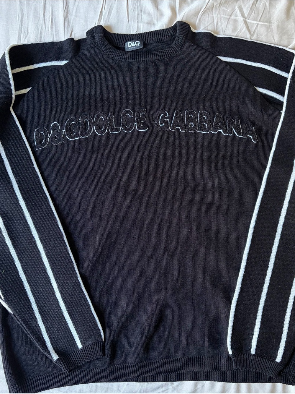 D&G Black Crewneck Sweater with White Stripe Detail